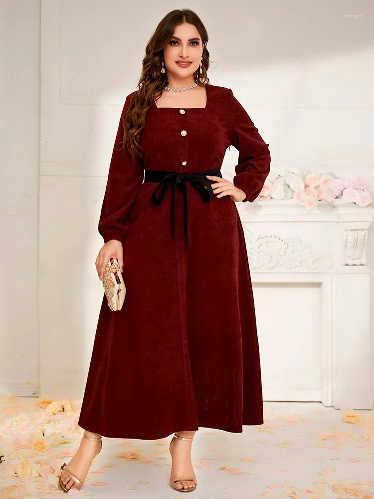 Plus -kl￤nningar Toleen African Maxi Dress 2022 Chic and Elegant Large Autumn Outfit Women Lady Solid Red Loose Clothing With Tie Belt