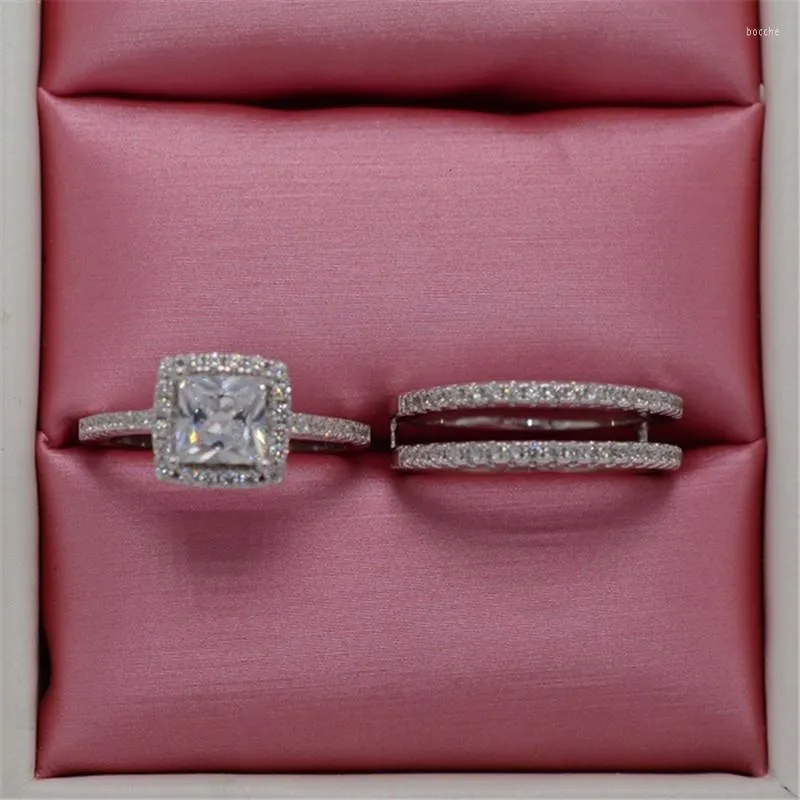 Klusterringar uttalande 2-i-1 ring vitguldfylld prinsessa kubik zirkoniumparti bröllop band för kvinnor engagemang finger smycken