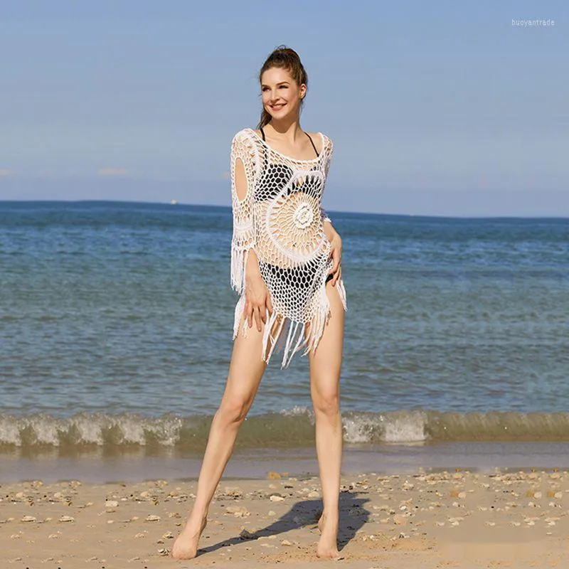 Damen-Badebekleidung, sexy weiße Häkel-Bikini-Vertuschungen mit Fransenbesatz, ausgehöhlte Tunika, Strandkleid, Sommer-Vertuschung