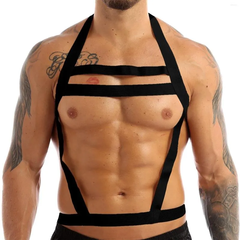 Mäns kroppsformar Män underkläder Evening Party Nylon Halter Elastic Chest Harness Bondage Belt breda remmar ihåliga nacke