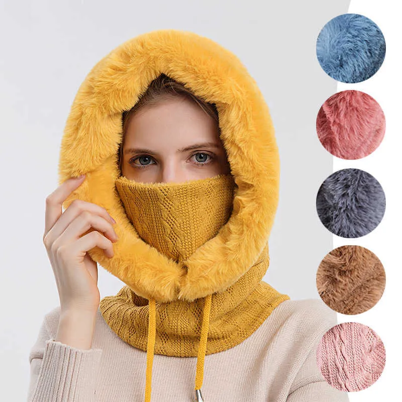 Schals Winter Flauschige Pelzmütze Maske Set Mit Kapuze Für Frauen Gestrickte Kaschmir Hals Warm Ballava Fahrrad Hut Dicke Plüsch Ski Winddicht Y2209