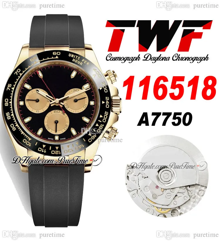 TWF V2 A7750 자동 크로노 그래프 남성 시계 옐로우 골드 세라믹 베젤 블랙 샴페인 뉴먼 다이얼 Oysterflex 고무 같은 시리얼 카드 슈퍼 에디션 퓨레 타임 F6