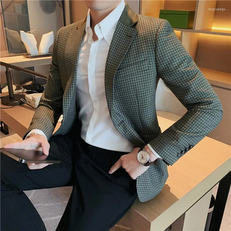 Abiti da uomo Blazer scozzese verde scuro 2022 Autunno Uomo Slim Fit Abito da lavoro semplice Cappotto Sposo Matrimonio Giacca da smoking sociale Homme