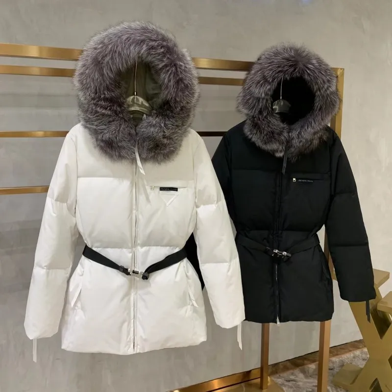 Womens Winter Jackets Down long Jacket Top fox fur collar coats puffer Fashion Collar Warm Parkas With Belt Lady Coat Outerwear Pocket