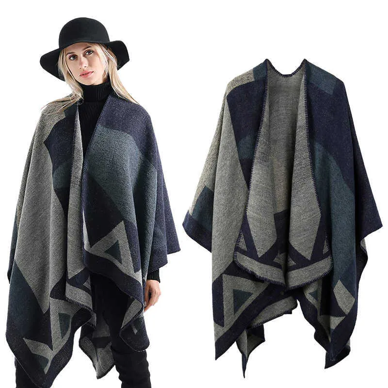 Scarves 2022 New Fashion Winter Warm Shl Wraps Cape Women Fall Knit Wool Plaid Ponchos Blanket Sweater Fleece Scarf Coat Y2209