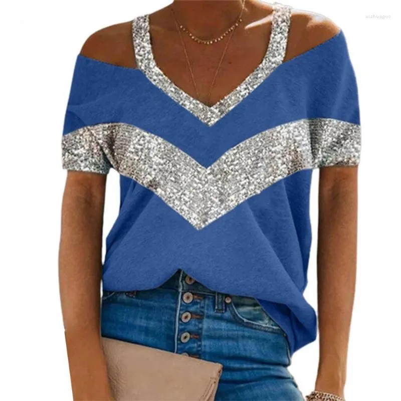 T-shirt da donna T-shirt da donna Estate Donna Taglie forti Casual con scollo a V Paillettes Patchwork Camicia a maniche corte Spalla fredda Top allentato