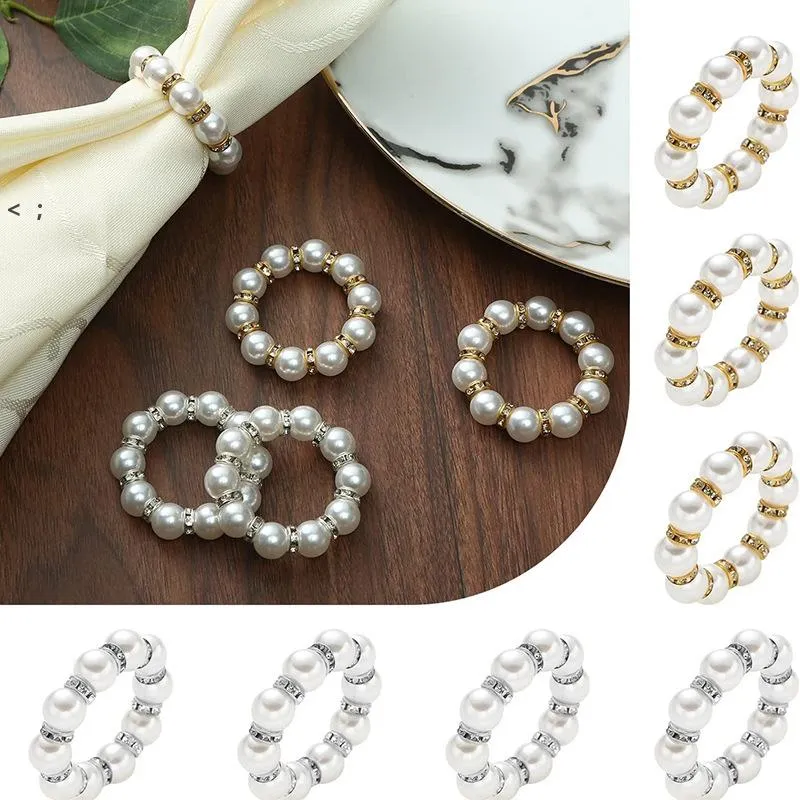 Anelli portatovagliolo con perle bianche Fibbia per tovagliolo nuziale per ricevimenti nuziali Decorazioni per la tavola per feste Forniture GCB15738