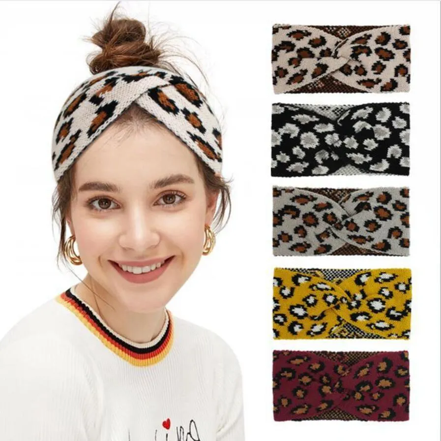 Léopard Tricoted Band Band Fashion Criss Cross Hair Band Winter Elasticity Bandanas Wool Wool Trièchement Femme Coathear RRB15721