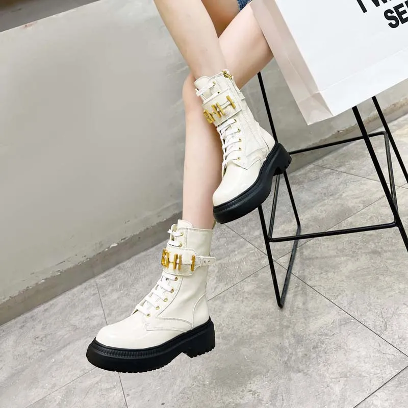 boots martin boot booties designer winter Fashion latest Luxury Gold f metal buckle Decoration womens shoes cowskin low heel lace up round toes zip