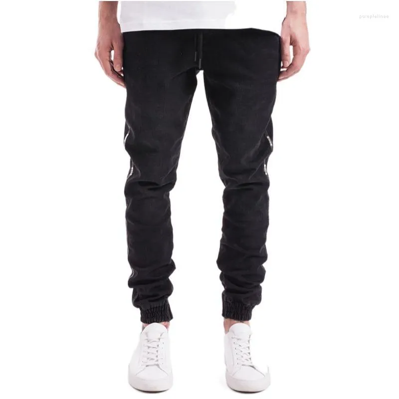 Herr jeans män vår höst män bomull denim hip hop slack botten jogger streetwear mager blå byxor elastisk midja hombre hane