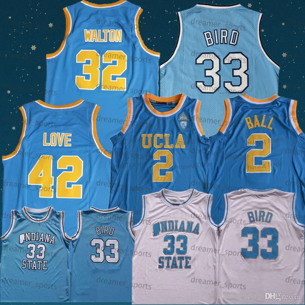 NCAA 농구 저지 래리 33 인디애나 주 시카 모어 블루 버드 UCLA 2 Lonzo Ball 32 Bill Walton Kevin Love College 착용 남성 저지.