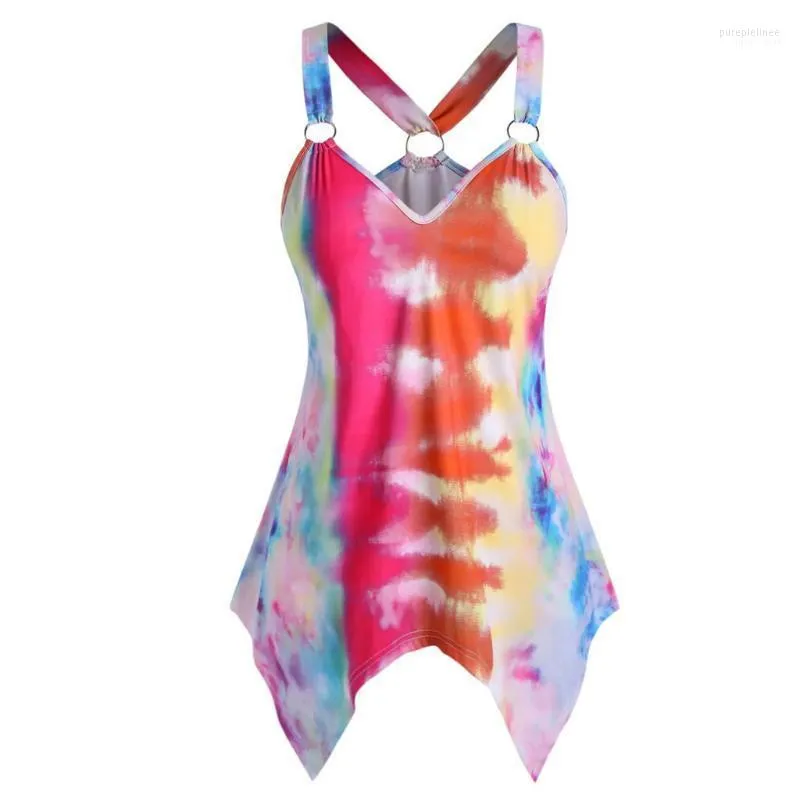 Kvinnors blusar Kvinnors skjortor Tie-Dye Top Women Vest V-ringning O Ring näsduk backless Ladies blus ropa mujer plus size tops