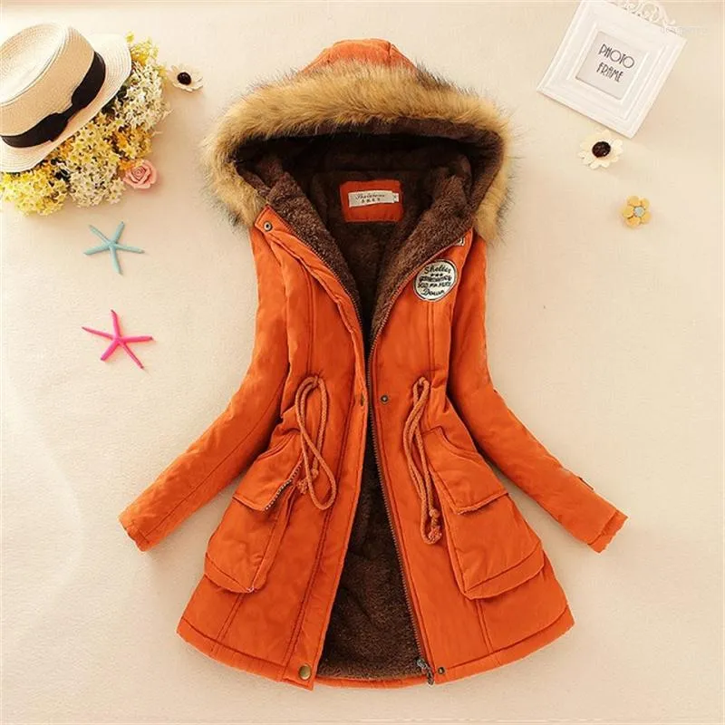 Kvinnors dikerockar FDFKLAK S-3XL Kvinnor Cotton Orange Jacka Casual Slim Coat Emboridery Hooded Parkas Wadded Overcoat Female Winter