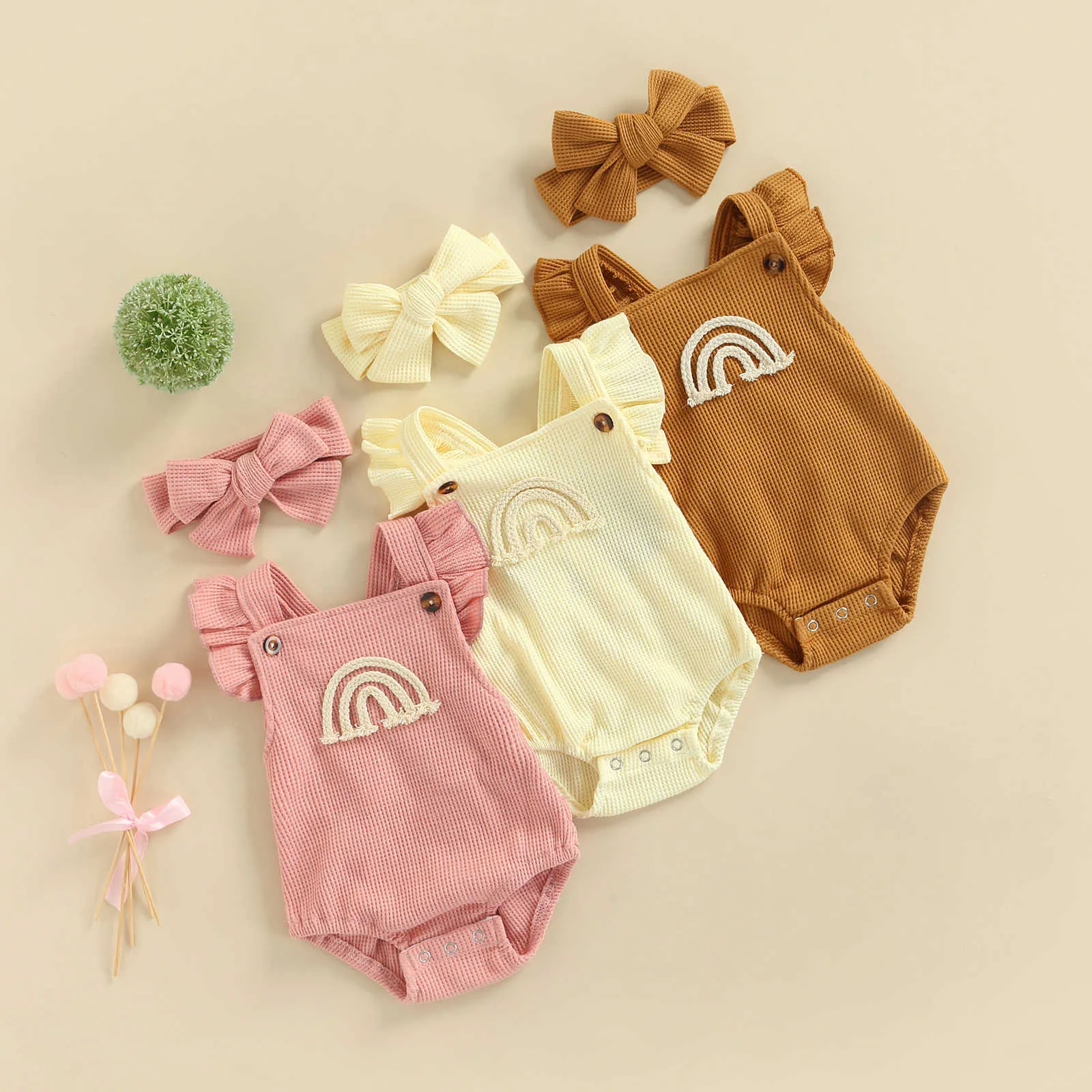 Rompers zomer babymeisjes romper hoofdband katoen regenboog ruches mouwloze baby rompers jumpsuit pasgeboren kleding j220922