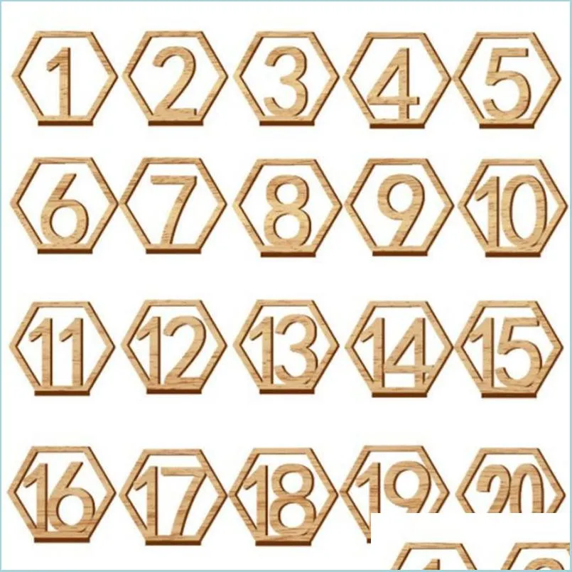 Décoration de fête 1-40 numéros de table en bois hexagonaux avec numéro de siège de signe en bois de base de support pour l'attribution de sièges de banquet de mariageparty Dhbnu