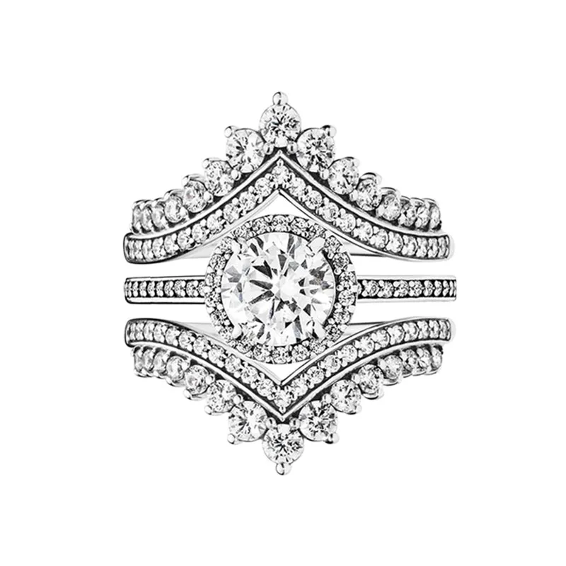 Prenses Wishbone Alyans Seti Otantik 925 Sterling Silver Womens Tasarımcı Mücevher Pandora için Orijinal Kutu ile Pırlanta Elmas Elmas Girlfriend Hediye Yüzükleri
