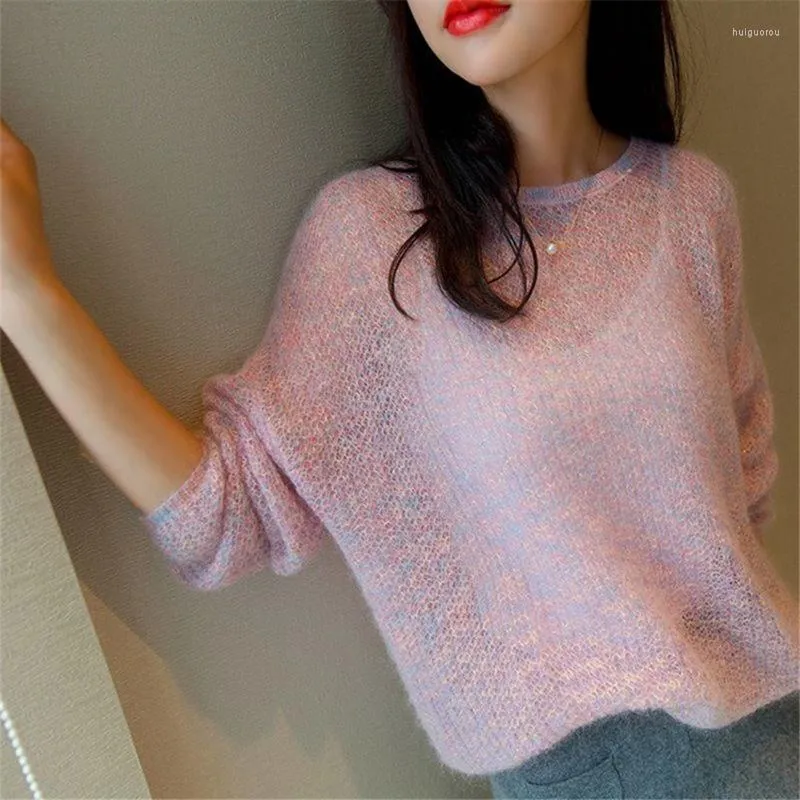 Suéteres femininos Fashion feminino Fashion Casual preguiçosa simples pumores fofos rosa suéter mohair sweater sexy pull-pesco hollow corean long long