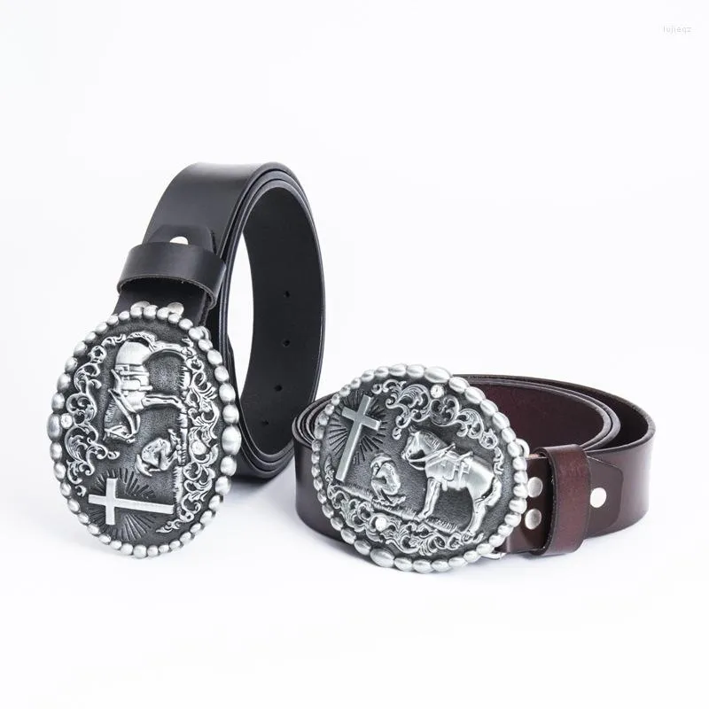 Belts Western Cowboy Men's Belt European American Personality Retro Horse Cross Luxury Leather Pin Buckle Big Mens