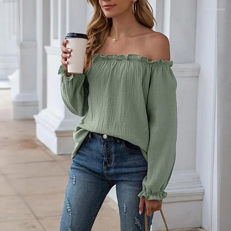 Damesblouses katoen van schouder dames blouse sexy lange mouw strapless kantoor dame top vrouwen 2022 herfst kpop solide kleur dames