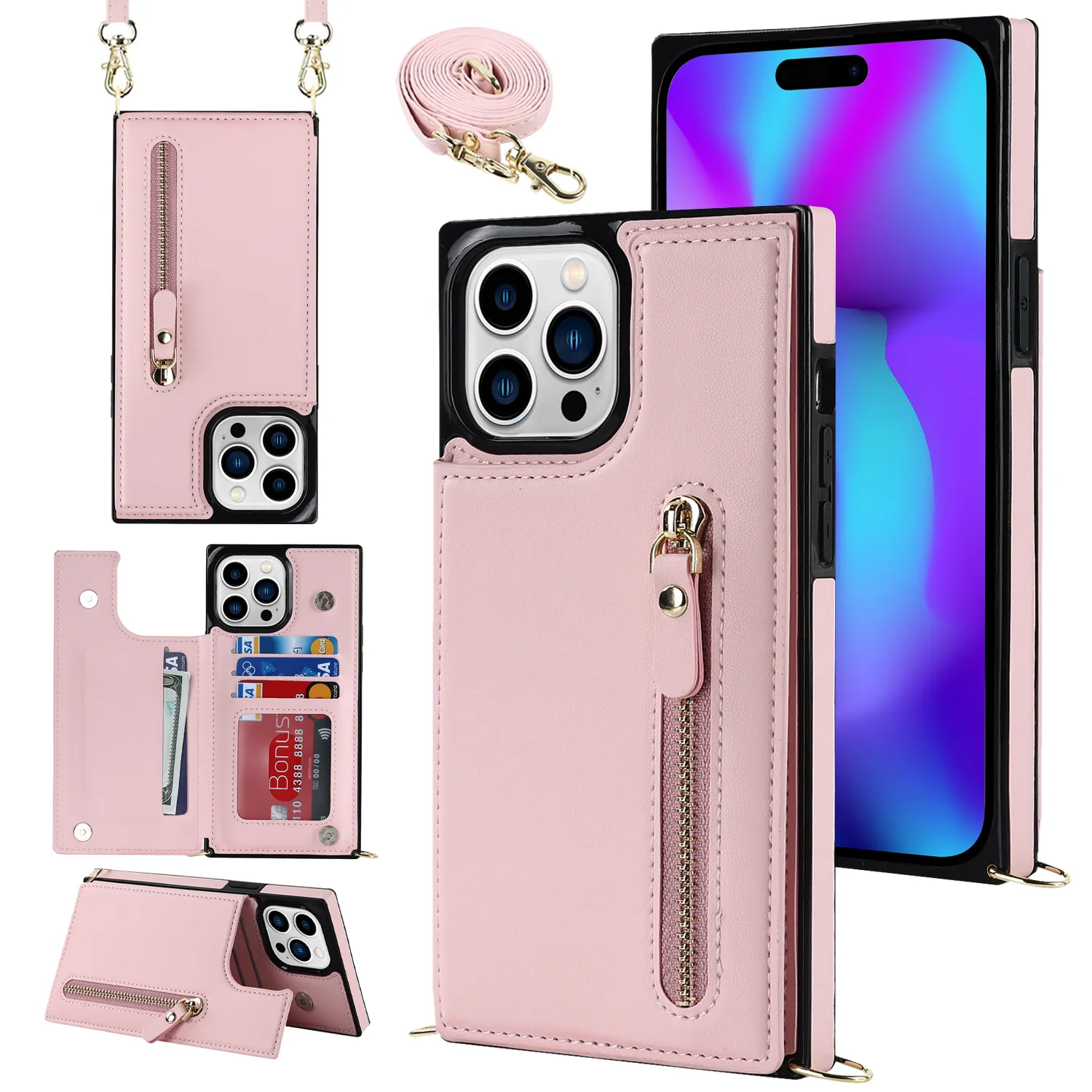 PU Leather Zipper Card Holder Wallet Cases for iPhone 14 Pro Max 13 12 11 XR XS X 8 7 Plus Sloots Slots Kickstand Cover Funda for Women with Counder Strap