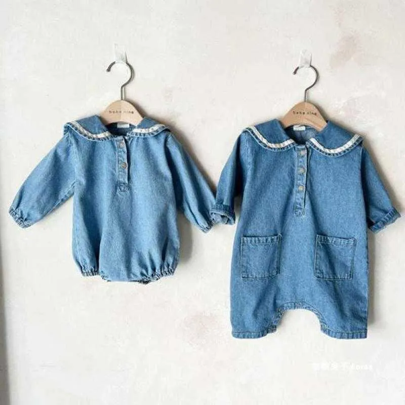 Rompers baby sommar kort ärm denim bodysuit spädbarn pojke marin krage jumpsuit flicka denim kläder småbarn onesie j220922