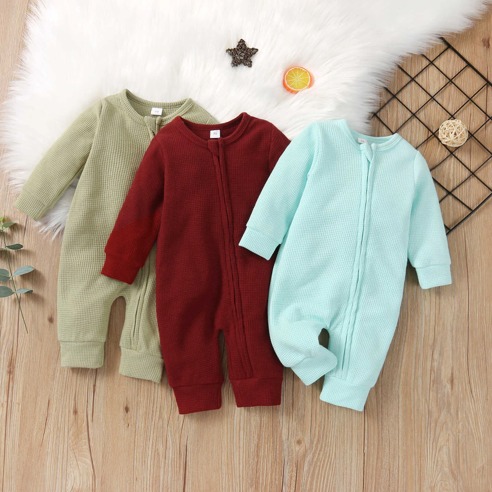 Rompers 018M Solid Color Pasgeboren Romper Baby Baby Uniss Spring herfstkleding Katoen lange mouwen Zipper romper jumpsuit outfits J220922