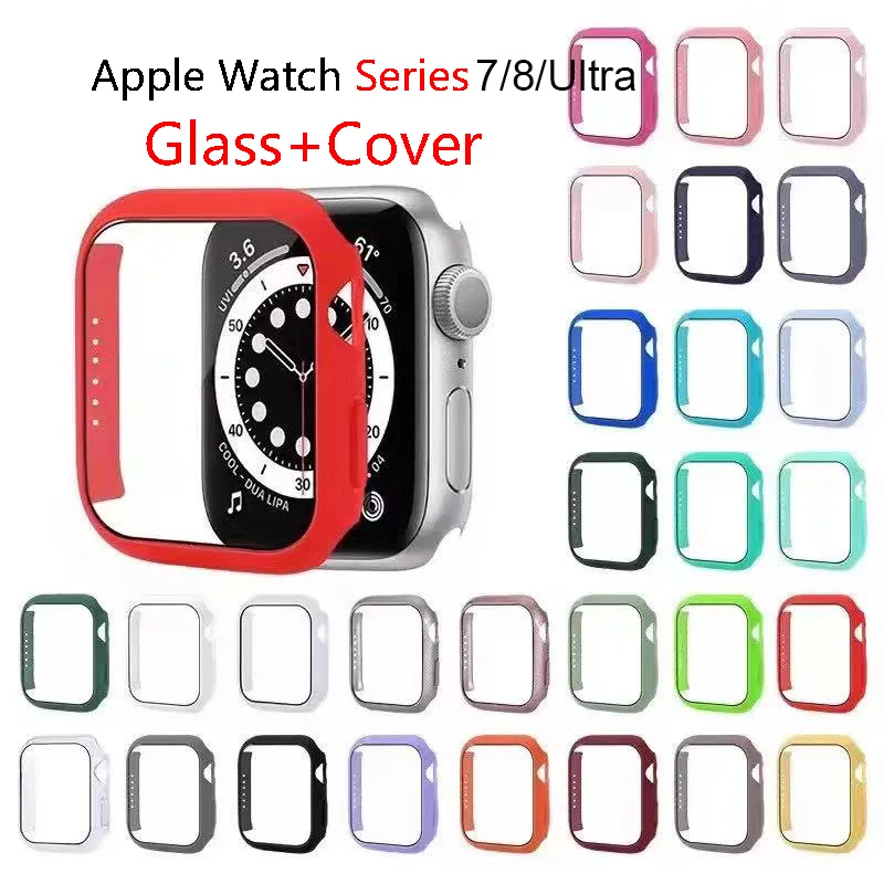 Стеклянный чехол для Apple Watch Series 8 Ultra 49 мм 7 45 41 42 44 40 38 мм HD Закаленный бампер Защитная пленка для экрана Жесткие чехлы для ПК Wacth iwatch S8 7 Полные чехлы