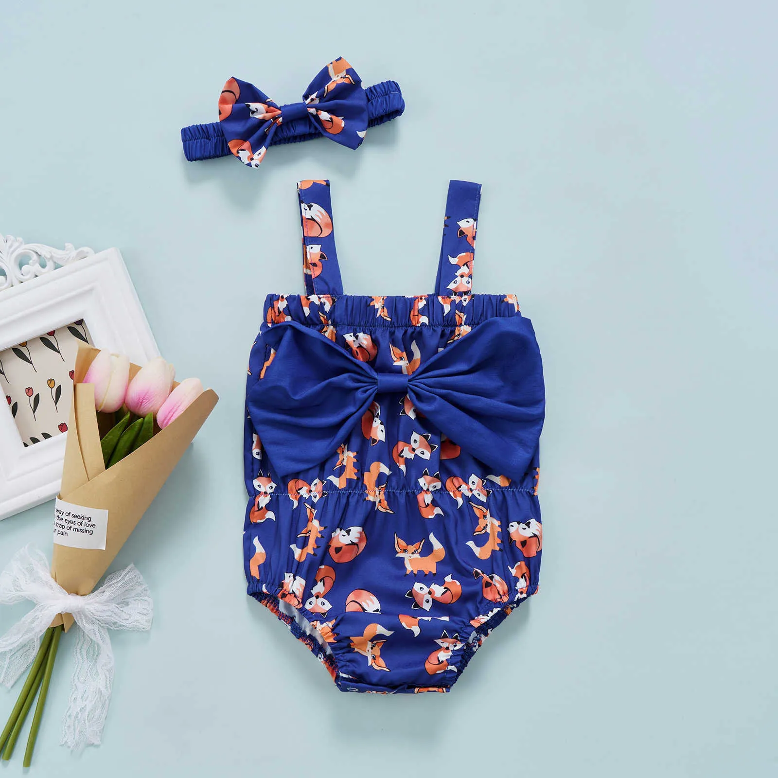 Rompers Baby Girl Romper Scossuit Set Set Summer Summer Baby Sleveless Cute Fox Printed Bow Decor Dopasowanie opaski na głowę J220922