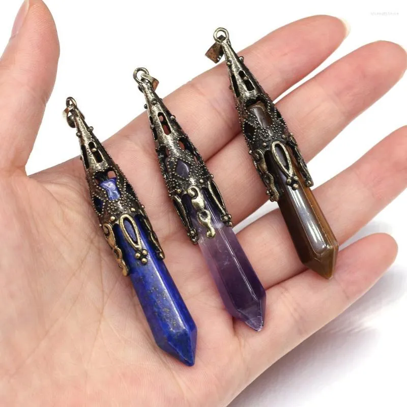 Hangende kettingen 6pcs/lot Bronze natuursteen kristal lapis lazuli aventurine zeshoekige kegelpunt energie pendulum voor wichelstandige hangers