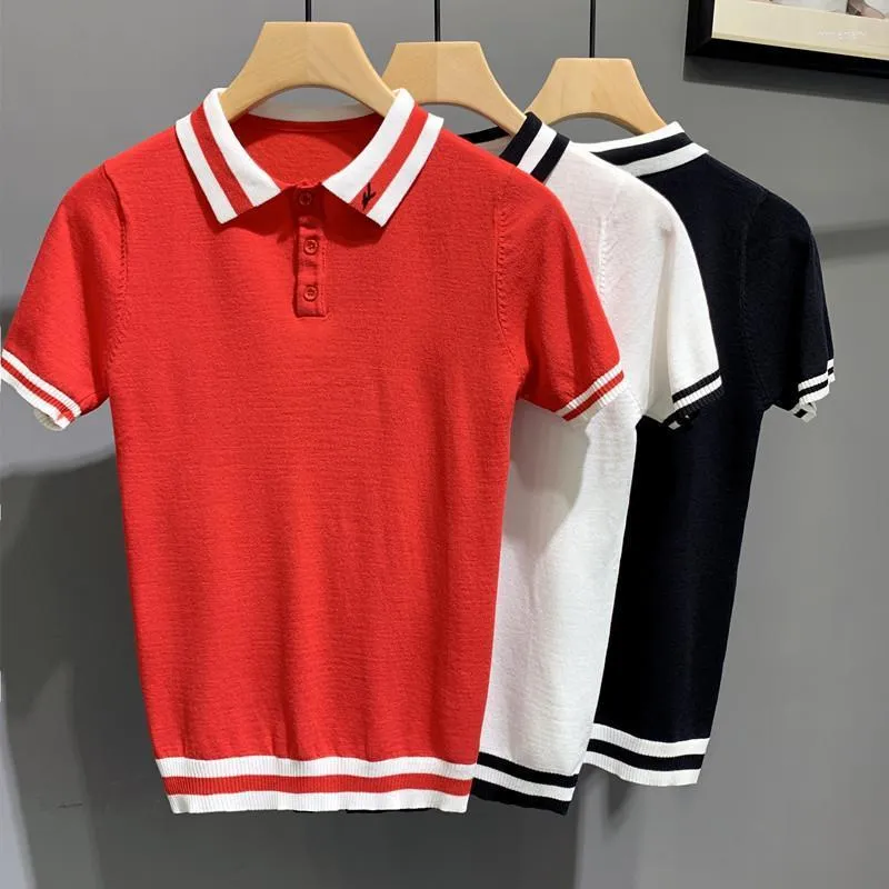 Männer Polos 2022 Sommer gestrickt Eis Seide Schlanke kurzärmelige Strick-Polo-Shirt Herrengeschäft Casual Shirts Revers Street Tragen Kleidung S74