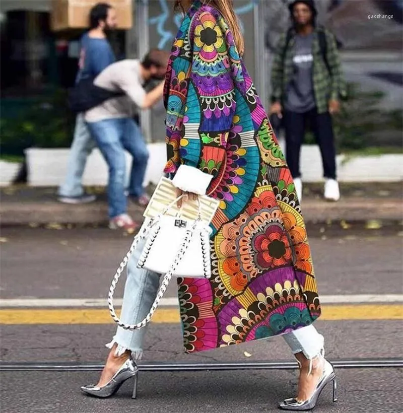 Kadın Trençkotları Kadınlar Sonbahar Kış Kış Uzun Çift Kruvaze Ceket Baskılı Gevşek Rüzgar Derecesi Palto Üstler Retro Dijital Desen