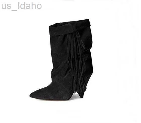 Botas plus tamanho 10 camurça as botas de tornozelo de tornozelas sexy salto cone plissado botas de tornozelo mulheres salto baixo tênis de inverno tênis preto cinza l220923