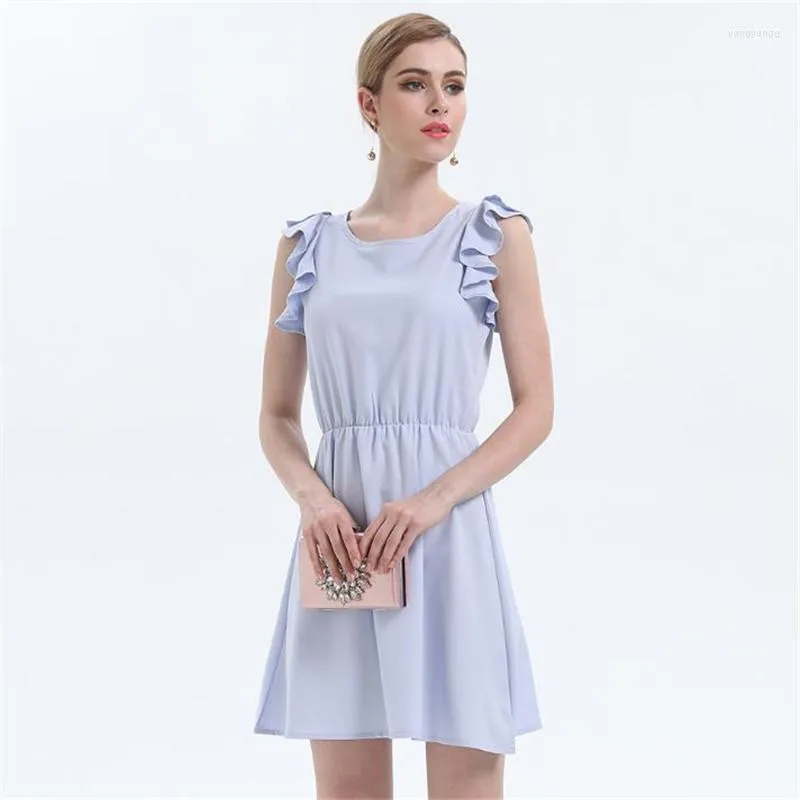 Casual Dresses 2022 Women's Solid Color Round Neck Ruffle Trim Dress Sexy O-Neck Ruffles Sleeveless Loose HC036