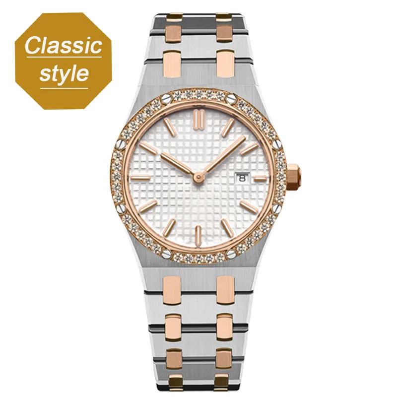 34mm femmes de luxe montres à quartz date en acier inoxydable saphir femme diamant dame montre montre en or rose bague montre de luxe montres-bracelets