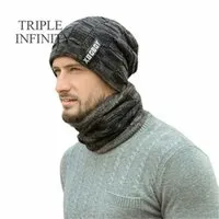 TRIPLE INFINITY Winter Male Hat Scarf Set Solid Color Warm Breathable Thick Hats Cold-resistant Windproof Beanies For Men 211227