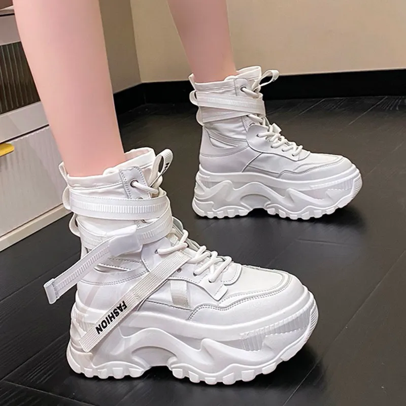 Platform Boot Bottom View Fashion Women's Chunky Platform Motorcycle Boots White Lace-Up Thick ...