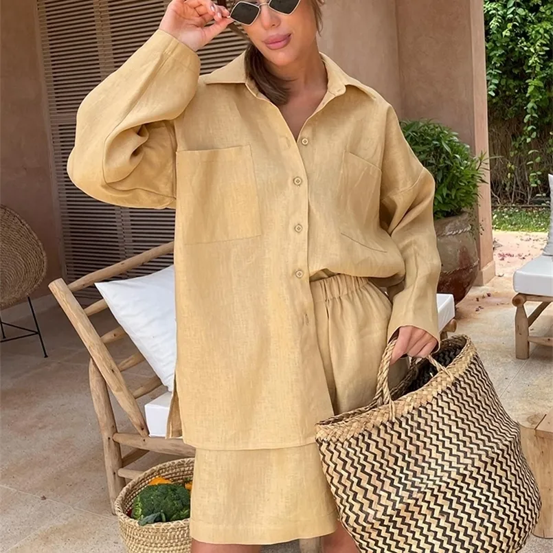 Women's Blouses Shirts OOTN Casual Holiday 2 Pieces Shorts Sets Summer Khaki Thin Cotton Linen Lapel Shirts Elastic Waist Loose Shorts Women Suits Cozy 220923