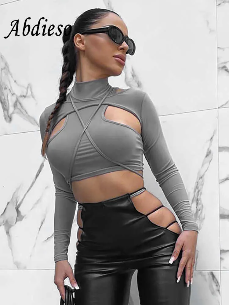 Dames T-shirt Abdieso Gray Hollow Out Sexy Long Sleeve Crop Top Vrouwen Tweede stuk 2022 Autumn Bandage Skinny Casual T Shirts Y2K Streetwear Tees T220926