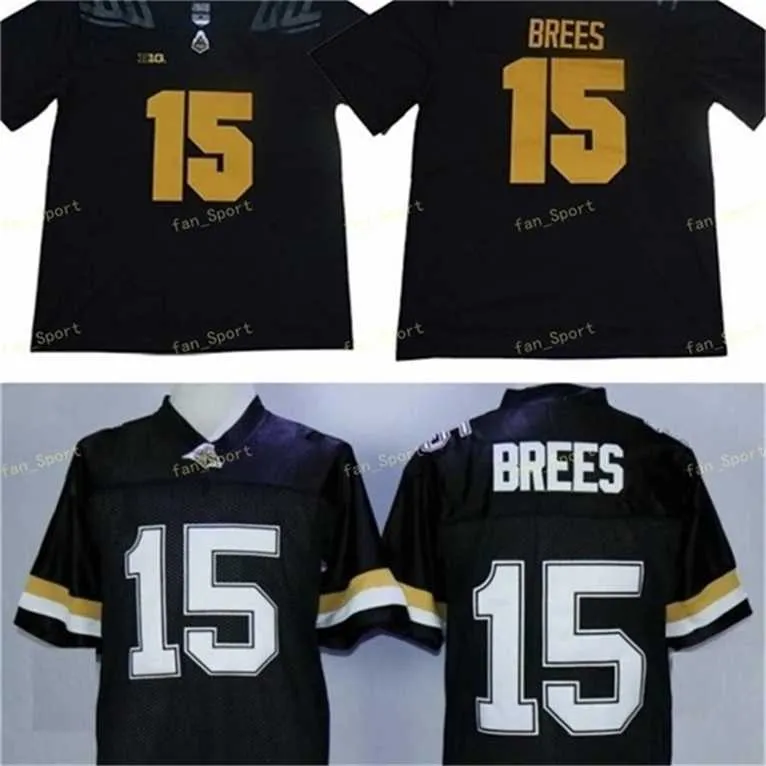 SJ Purdue Kazan üreticileri Drew Brees College Futbol Formaları Ucuz #15 Drew Brees Home Siyah Üniversite Futbol Gömlekleri