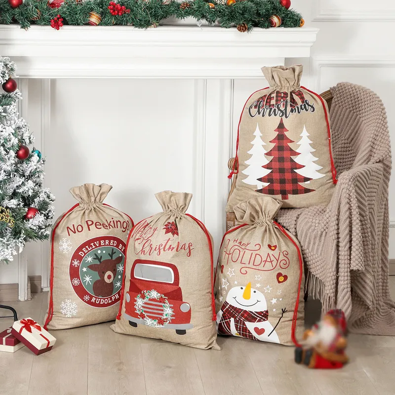 Julklappsäckar Santa Claus Candy Bag Xmas Tree Elk Linen Drawstring Sack nyår Juldekorationer Hemlagring Sacks Th0419