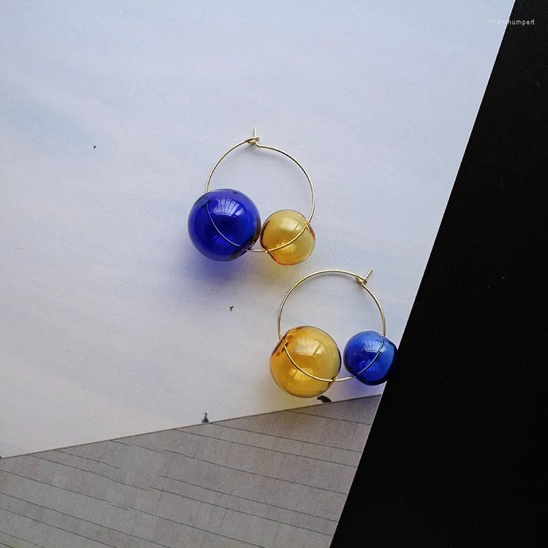 Hoop Earrings Candy Color Double Glass Balls Mini For Women 2022 Stunning Unique Korean Cool Bubbles Femme Bijoux