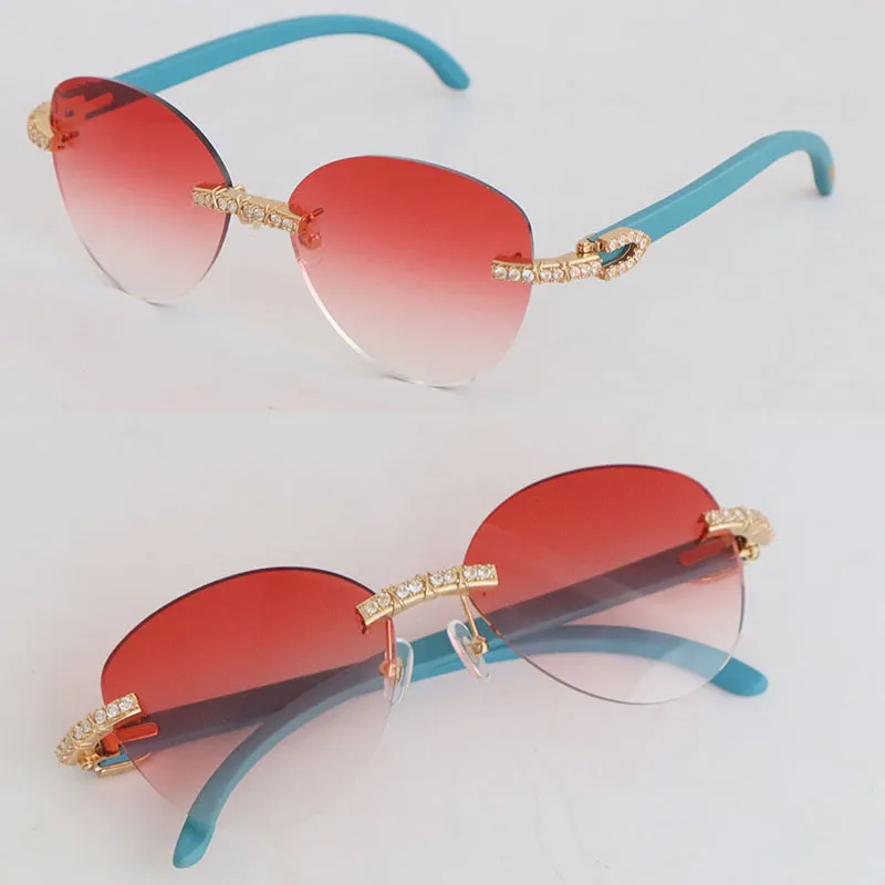 Vendita di grandi occhiali da sole rotondi di lusso con diamanti senza montatura Womans Designer Blue Wood Men Famous 3524012 Design Classico Modello Occhiali da sole in legno Lunette per occhiali