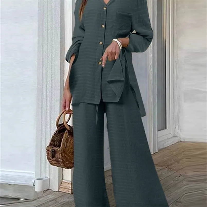 Kvinnors tv￥bitar byxor Celmia Women 2 PCS Set Solid Fashion Lapel Collar Long Hidees Shirt and Wide Ben Long Pant Set Casual Loose Pocket Slit Suit 220922