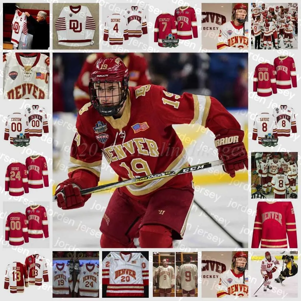 Новый хоккей в колледже носит 2022 NCAA Frozen Four Championship Custom Pioneers Du Hockey Jersey 19 Daniel Doremus 9 Гейб Левин 4 Уил