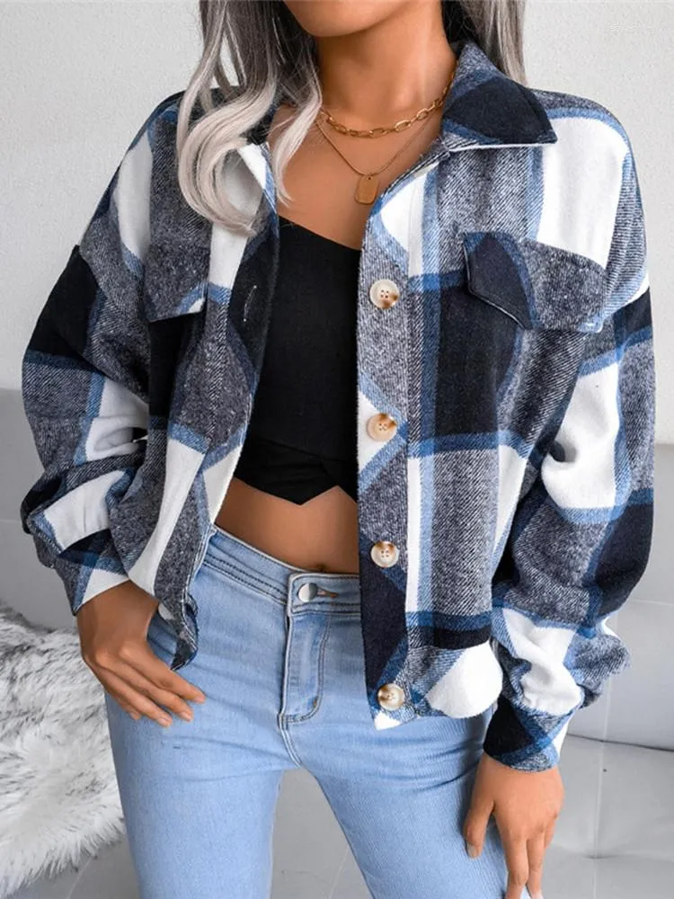 Women's Jackets Women Woolen Coat With Pockets Lantern Long Sleeve Plaid Shirt Jacket Turn-down Collar Casual Short Single Breasted Ins