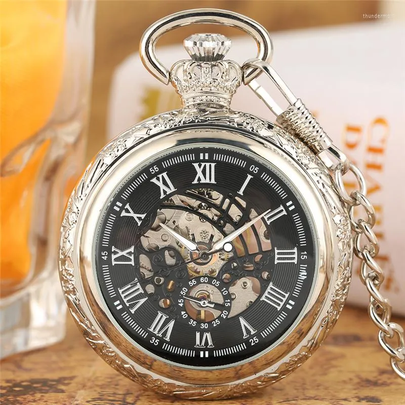 Pocket Watches vintage romerska siffror visar män kvinnor skelett mekanisk handvindande klocka öppen ansikte hänge fob klockkedja reloj