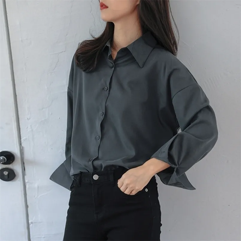 Women's Blouses Shirts Retro Gray Spring Summer Long Sleeve Notch Collar Allmatch Blouse Coat Women Loose Casual Fashion Solid Shirts Ladies 220923
