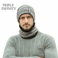 TRIPLE INFINITY Men`s Winter Beanie Hats Scarf Set Windproof Warm Knit Skull Cap Neck Warmer Thick Fleece Lined Male 220108