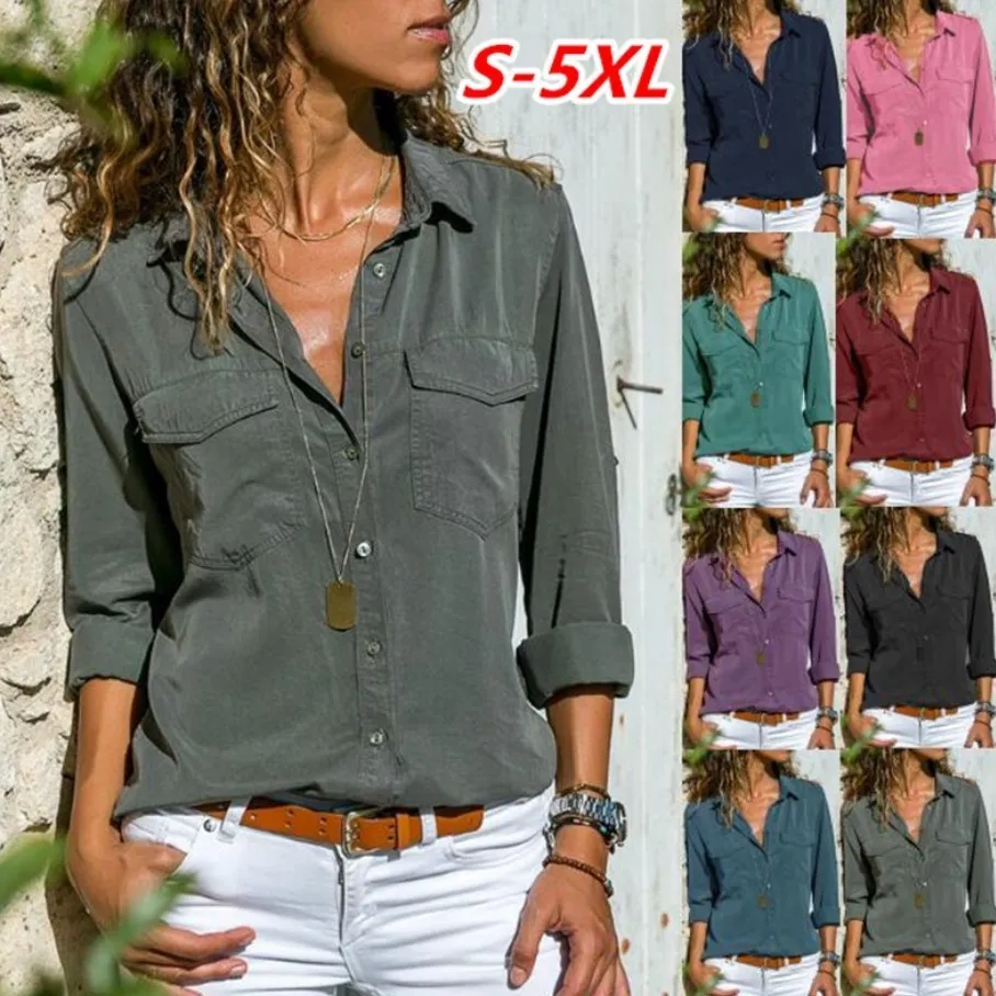 Blusas De Mujer Camisas Otono Mujer Bolsillo Oficina Blusa Tallas Grandes Solapa Manga Larga Botones Delgados Camisa Damas Negro Rosa Femininas Tops S5XL 220923 De 20 72 DHgate