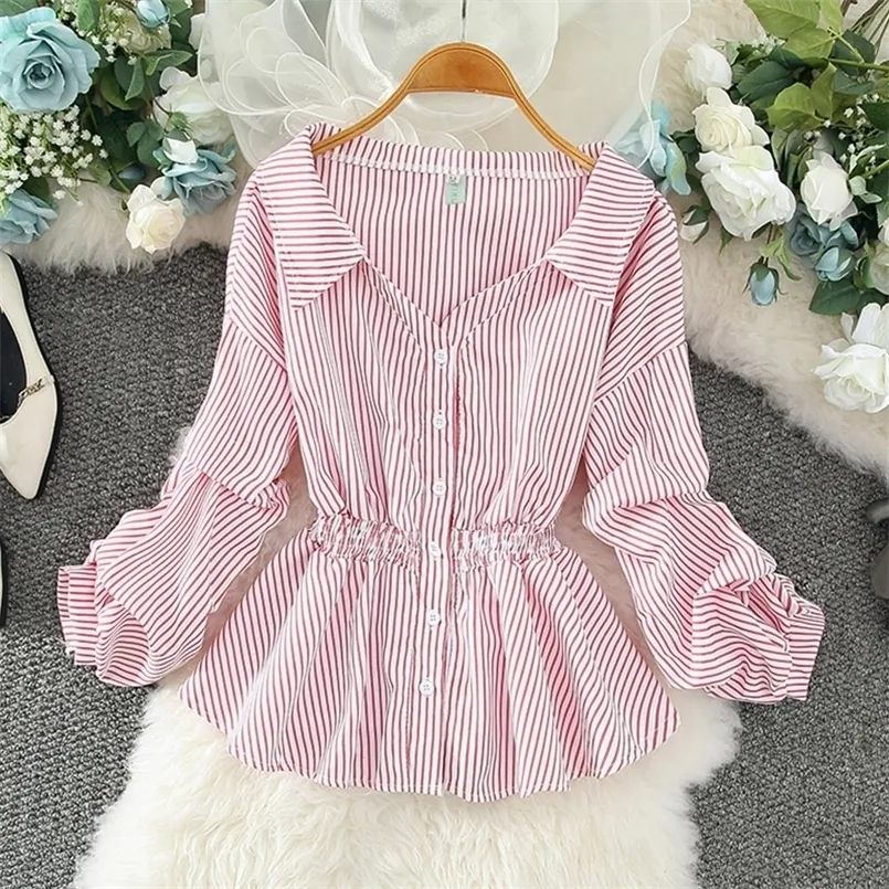 Blouses Femmes Chemises chemisiers à rayures femmes en mousseline de soie à manches longues hauts mode chemises coréennes femme blouse printemps automne princesse vêtements Vneck 220923